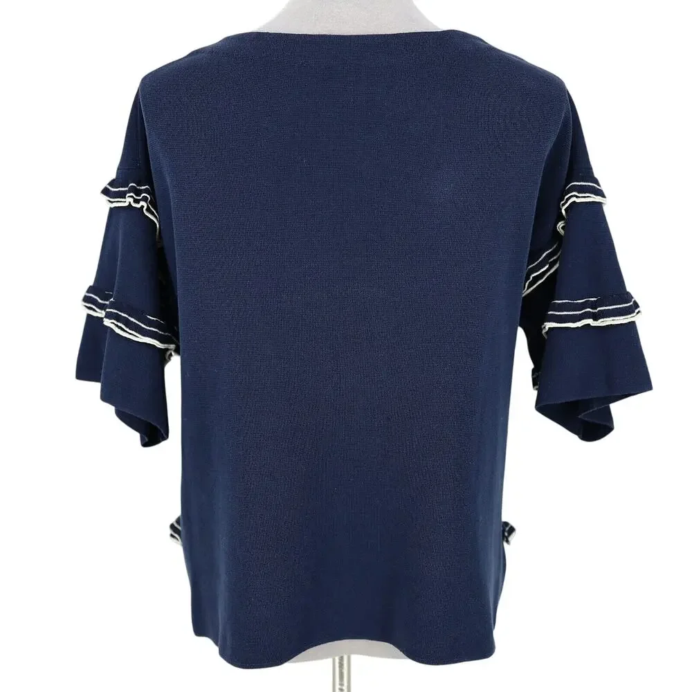 J Crew Sweater Womens Medium Navy Blue White Ruffle Top Cotton Knit Whimsy